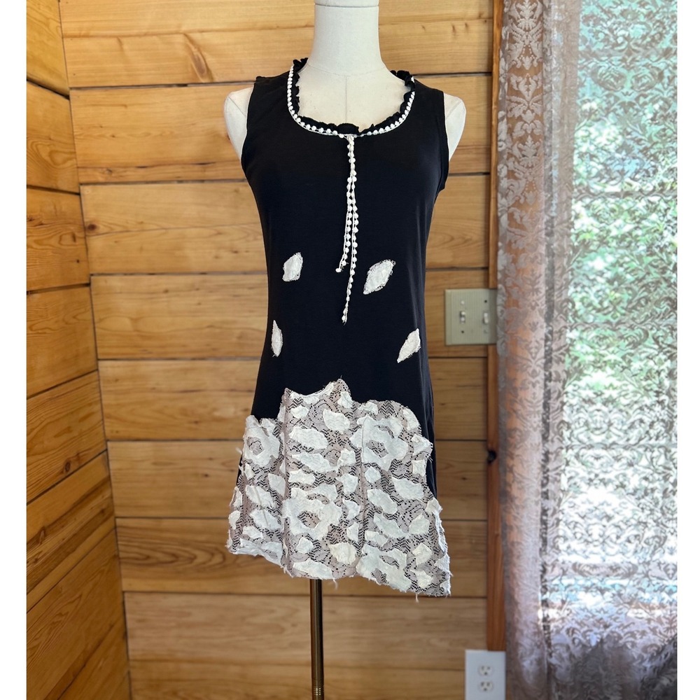 Vintage Cotton Patchwork Lace Mini Dress Women Medium Black Fairycore Whimsigoth
